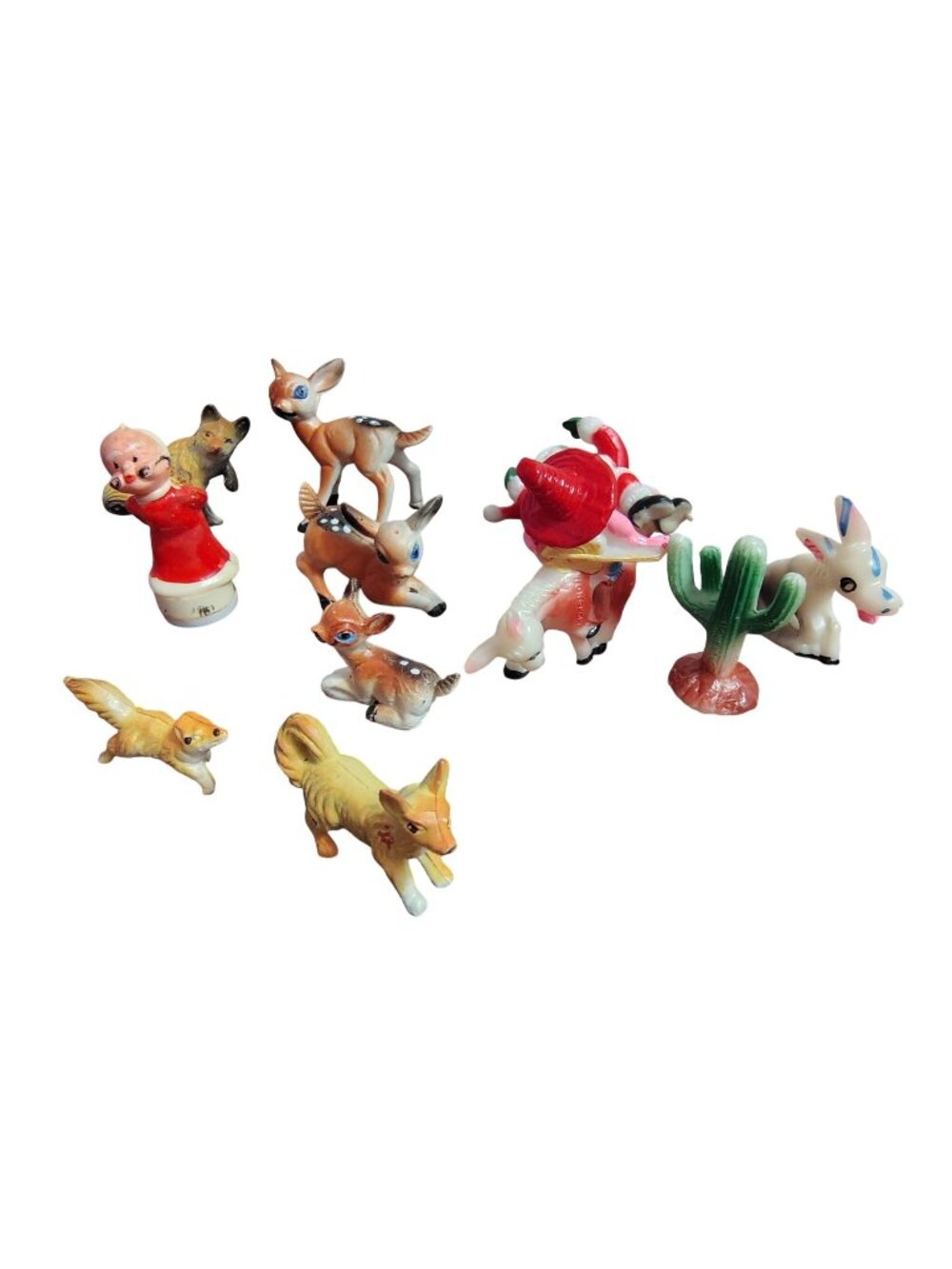 Vtg. 11 Miniatures Plastic Celluloid Deer Fawn Donkey Cactus Santa Hong Kong